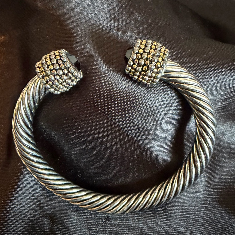 Silver-Tone Twisted Open Cuff Bracelet with Black Crystal End Caps